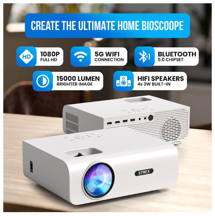 Strex - Mini vidéoprojecteur - 1080P Full HD - 15000 lumens - Streaming sans fil - WiFi - Bluetooth - Blanc