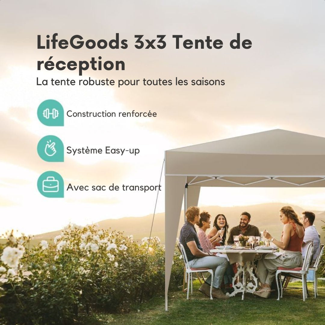 Tente de réception LifeGoods - Imperméable et résistante aux UV - 300 x 300 x 320 cm - Beige
