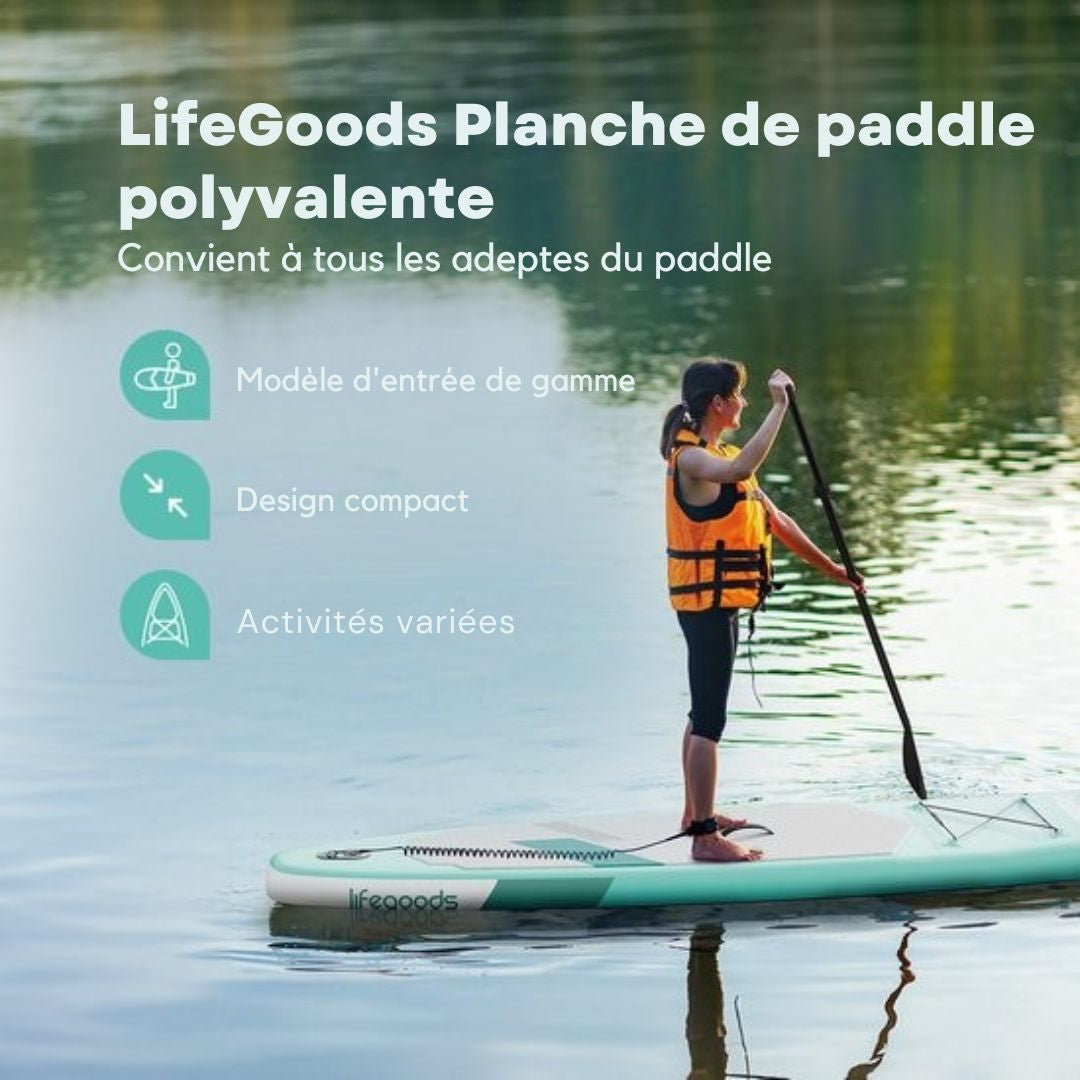 Planche de paddle polyvalente - LifeGoods - Capacité de charge 100 KG - 300 x 76 cm - Gonflable - Pack SUP complet - Vert menthe