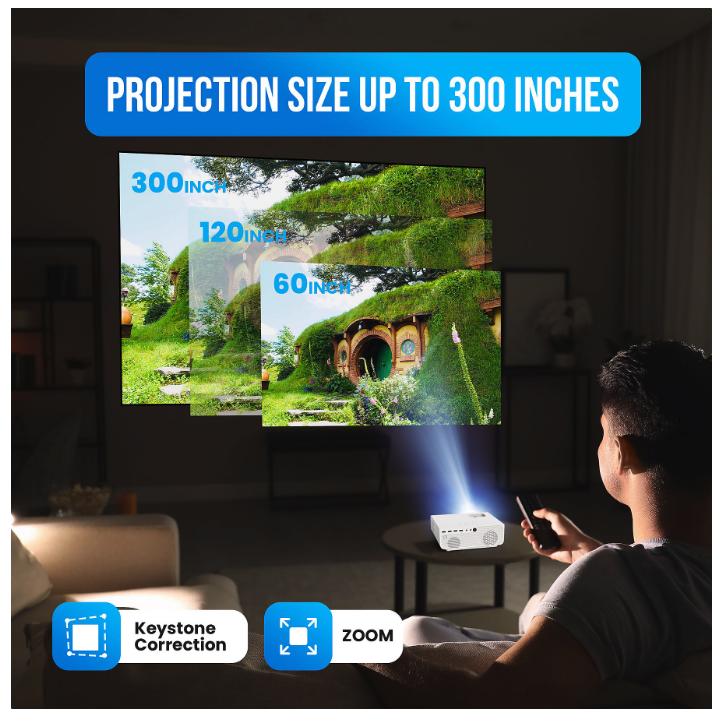 Strex - Mini vidéoprojecteur - 1080P Full HD - 15000 lumens - Streaming sans fil - WiFi - Bluetooth - Blanc