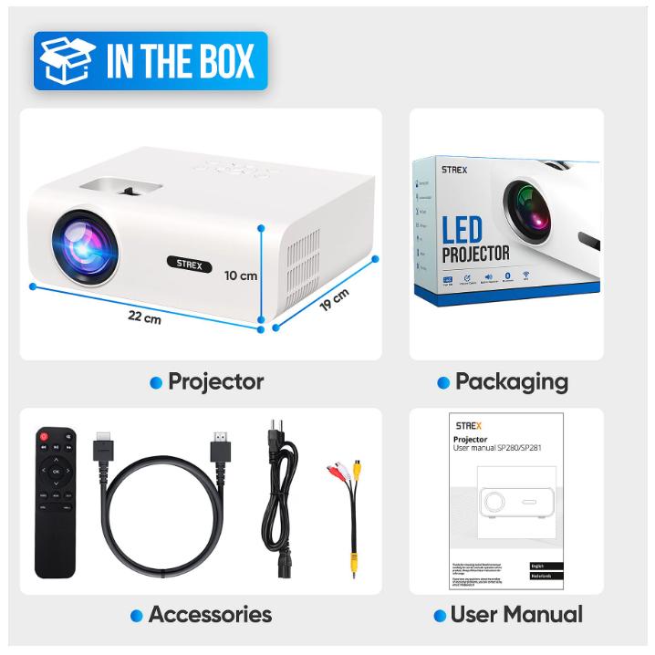 Strex - Mini vidéoprojecteur - 1080P Full HD - 15000 lumens - Streaming sans fil - WiFi - Bluetooth - Blanc