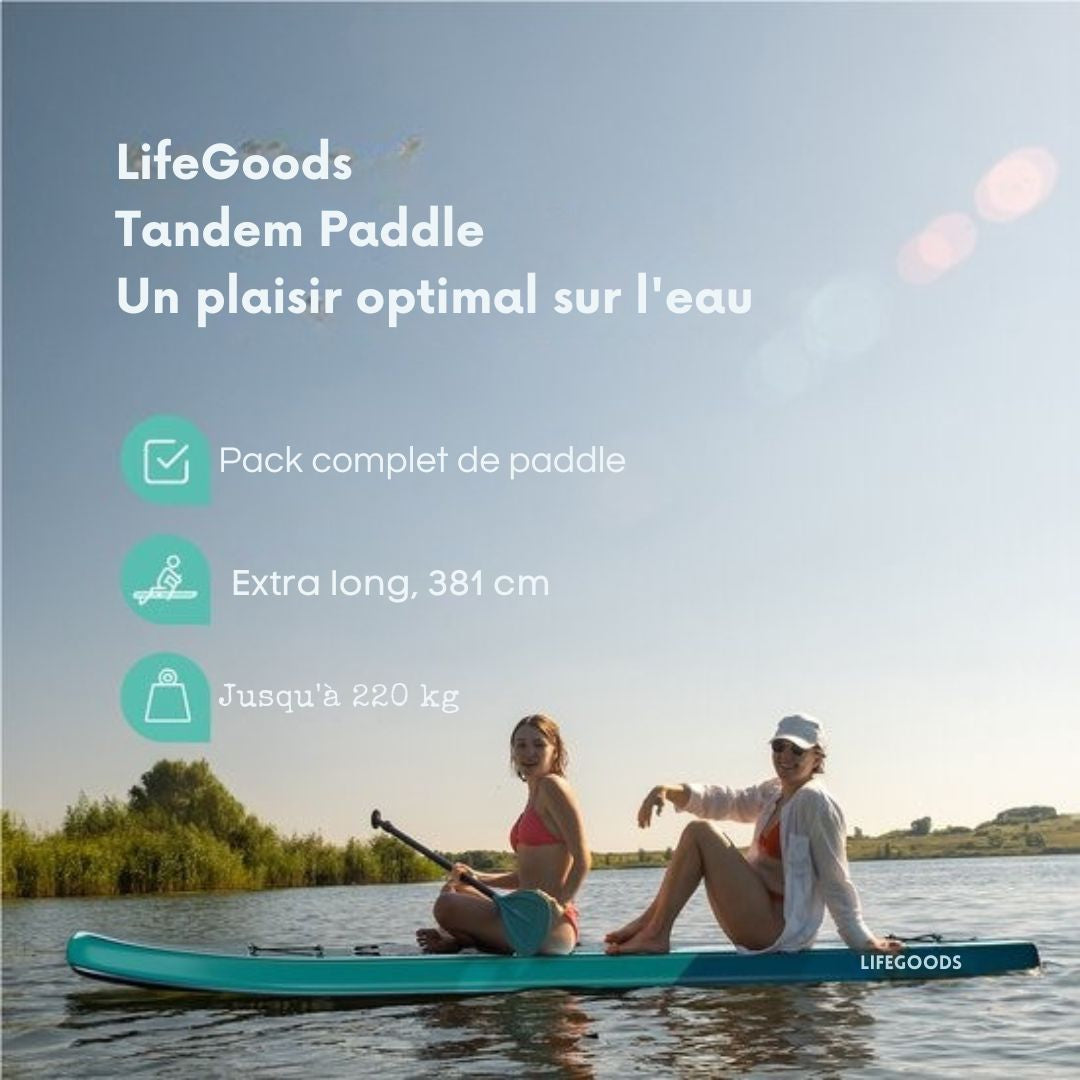 Paddle Tandem LifeGoods - 2 personnes - 220 KG de capacité de charge - 381 x 86 cm - Gonflable - Pack Sup complet - Bleu