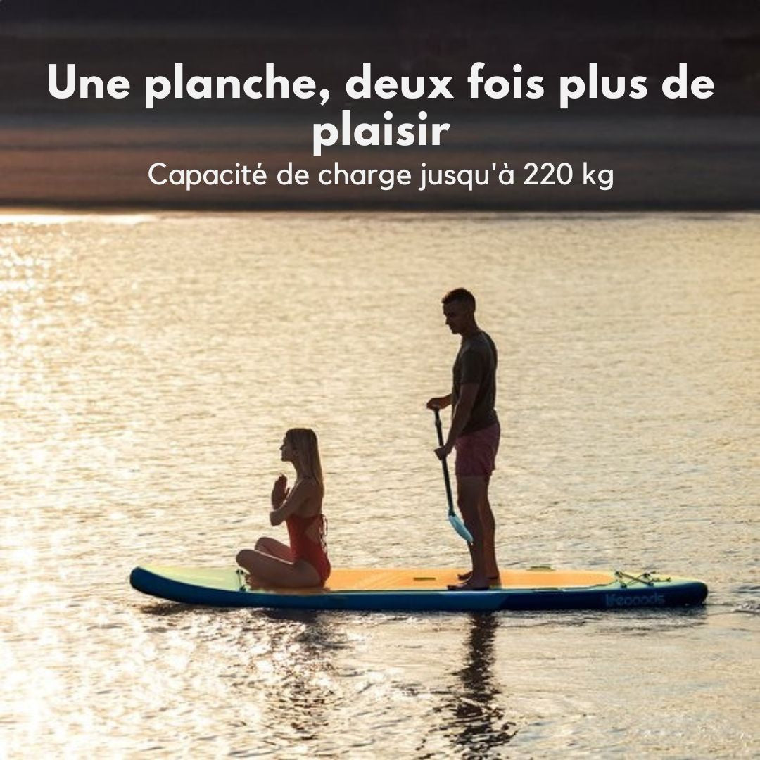 Paddle Tandem LifeGoods - 2 personnes - 220 KG de capacité de charge - 381 x 86 cm - Gonflable - Pack Sup complet - Bleu