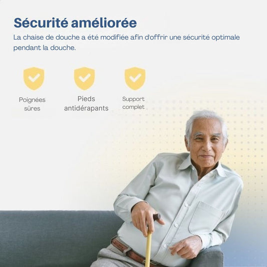 Chaise de douche SafeLife avec dossier et accoudoir amovibles - antidérapant - hauteur réglable - blanc/bleu