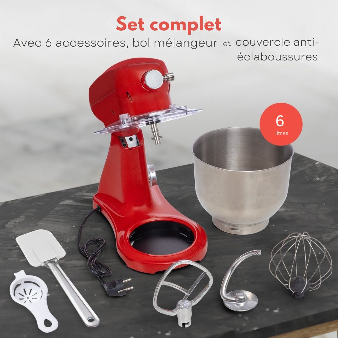 Robot de cuisine - KitchenBrothers - Bol mélangeur 6L - 1800W - Aluminium - Rouge