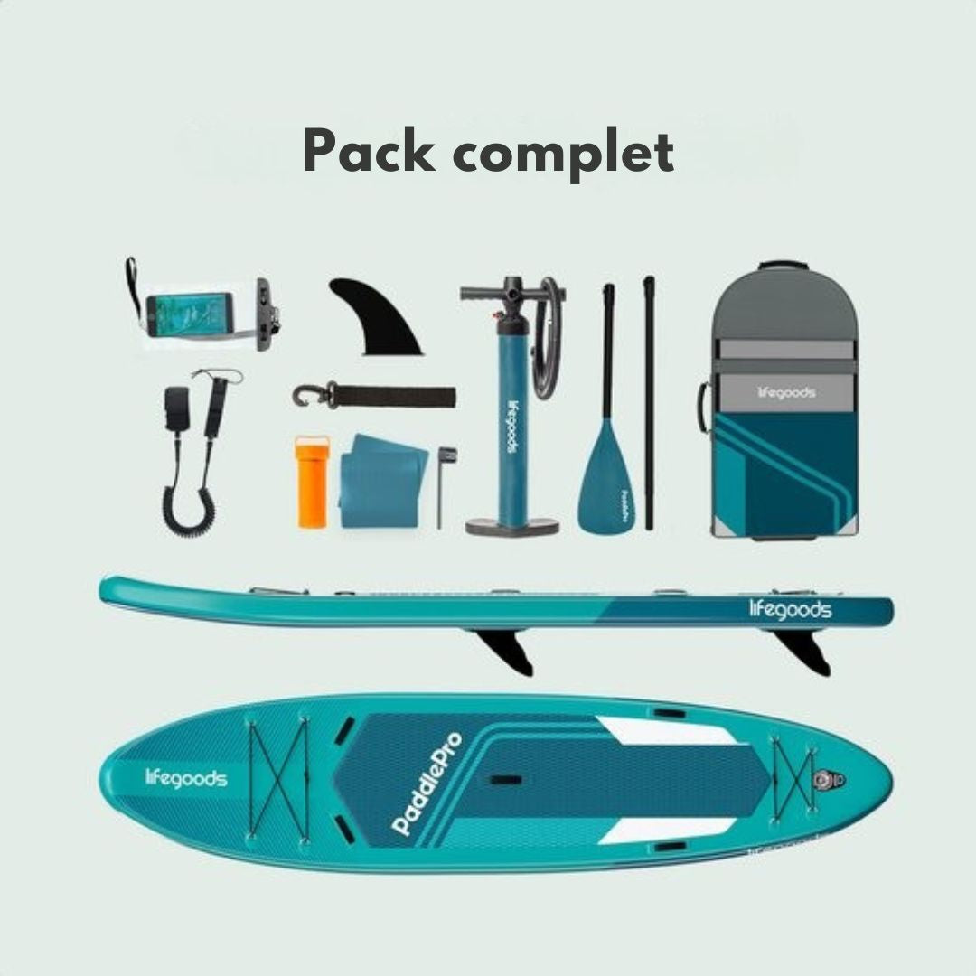 Paddle Tandem LifeGoods - 2 personnes - 220 KG de capacité de charge - 381 x 86 cm - Gonflable - Pack Sup complet - Bleu