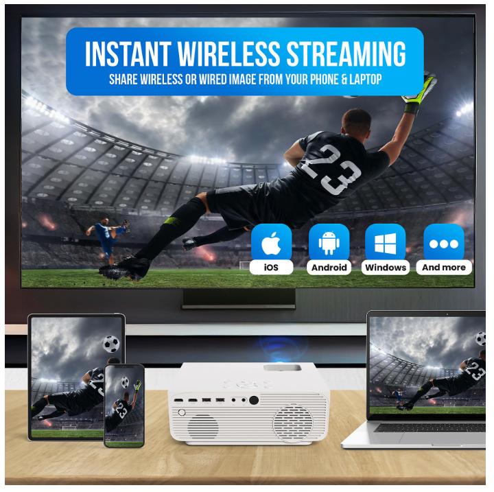 Strex - Mini vidéoprojecteur - 1080P Full HD - 15000 lumens - Streaming sans fil - WiFi - Bluetooth - Blanc