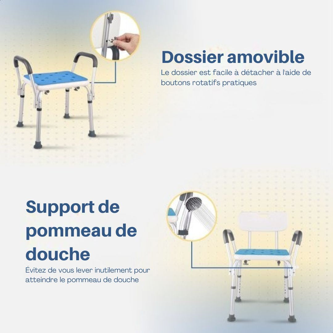 Chaise de douche SafeLife avec dossier et accoudoir amovibles - antidérapant - hauteur réglable - blanc/bleu