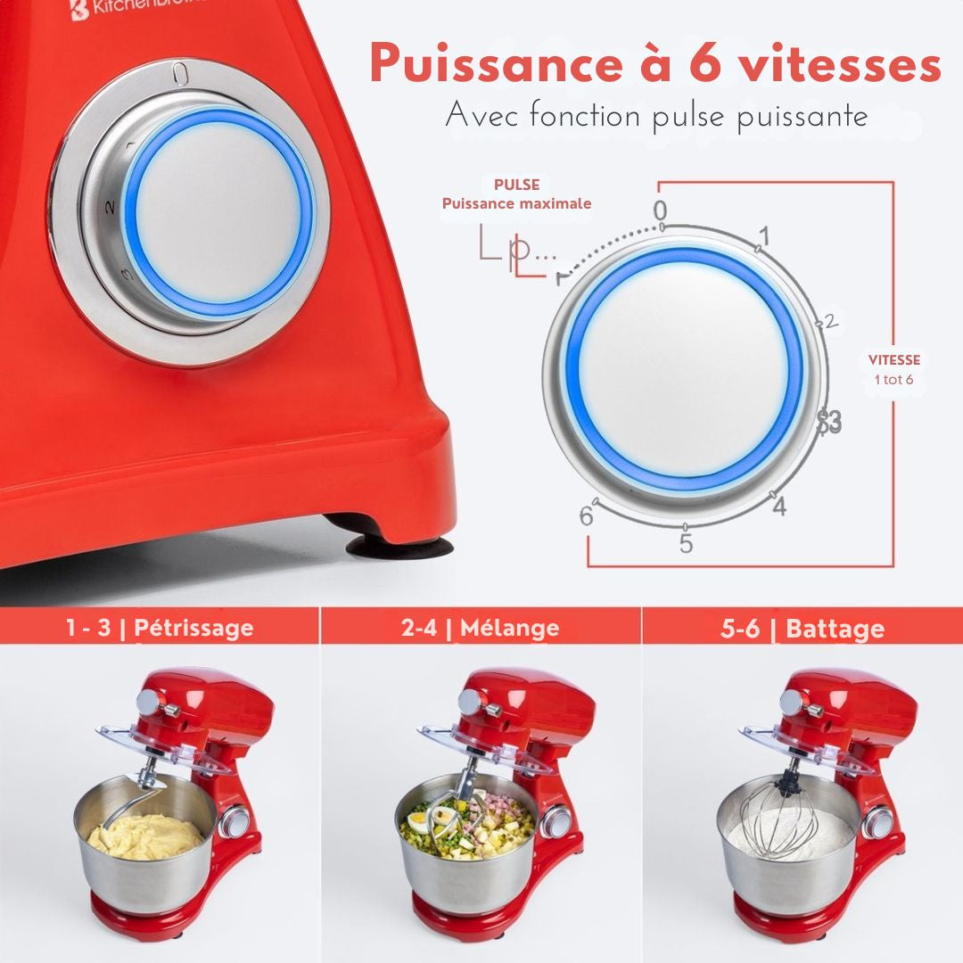 Robot de cuisine - KitchenBrothers - Bol mélangeur 6L - 1800W - Aluminium - Rouge