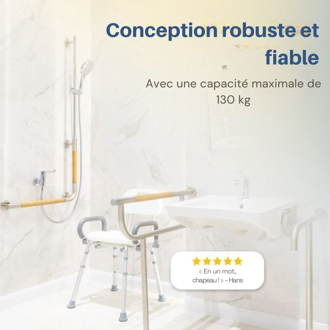 Chaise de douche SafeLife avec dossier et accoudoir amovibles - antidérapant - hauteur réglable - blanc/bleu