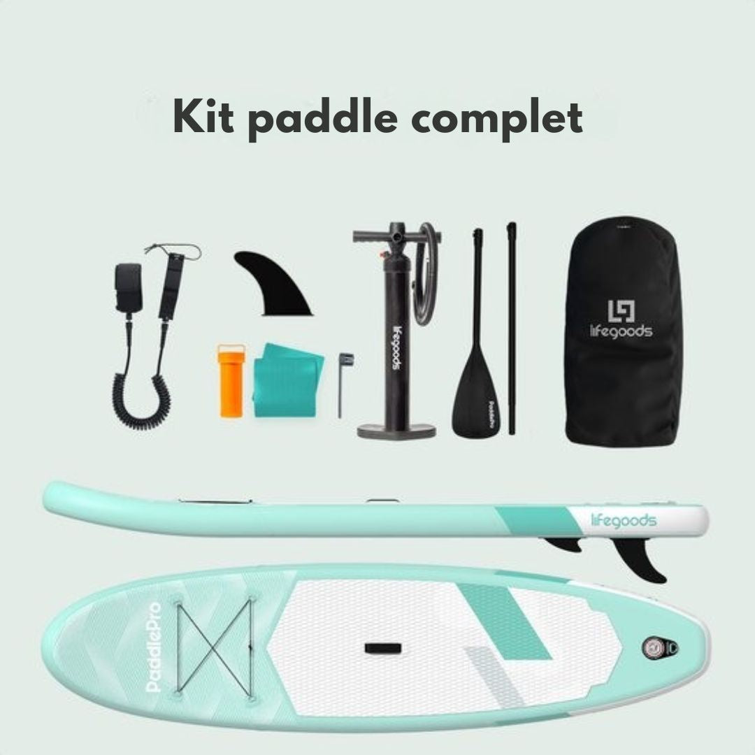 Planche de paddle polyvalente - LifeGoods - Capacité de charge 100 KG - 300 x 76 cm - Gonflable - Pack SUP complet - Vert menthe