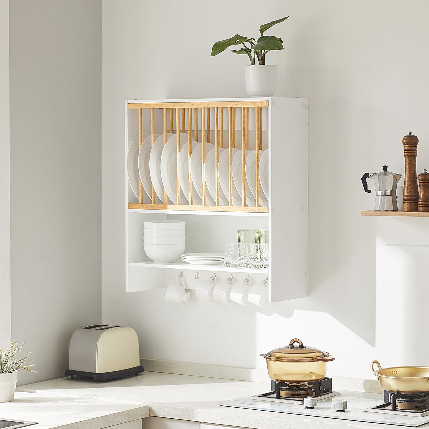 SoBuy Meuble de rangement avec support pour assiettes - Max. 10 kg - 64 x 24 x 71 cm - Blanc/ Naturel
