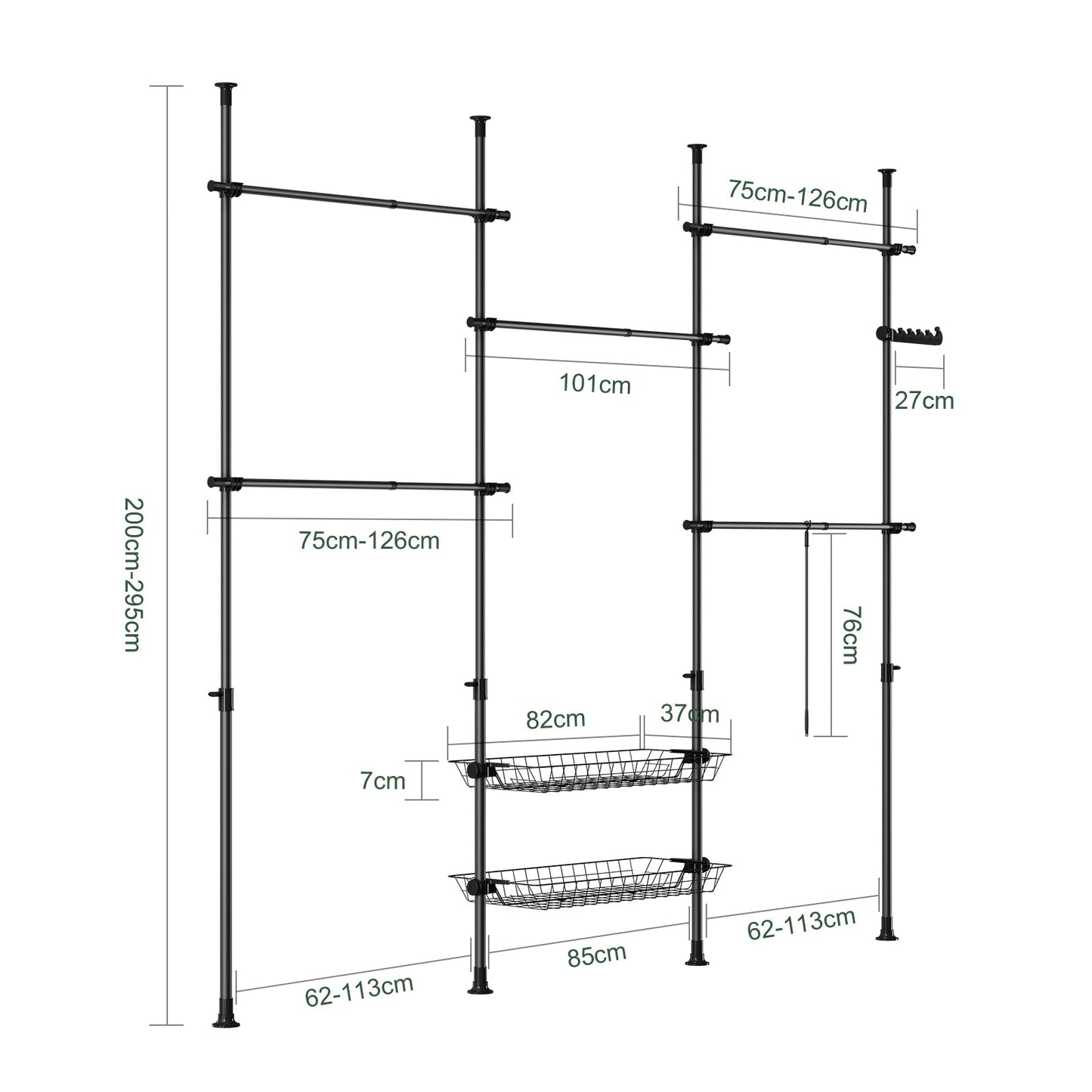 SoBuy KLS04-II-SCH Porte-vêtements télescopique - Noir - 209-311 x 200-295 cm - Porte-vêtements robuste en métal avec tringles et étagères