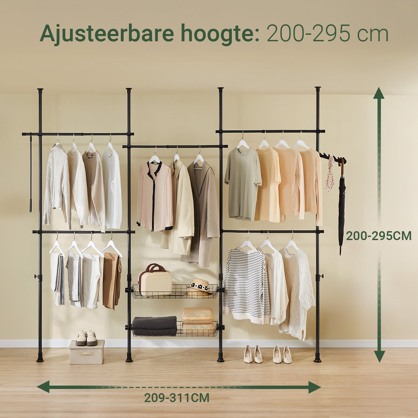 SoBuy Porte-vêtements télescopique KLS04-II-SCH - 209-311 × 200-295 cm - Noir - Penderie ouverte réglable avec barres et étagères
