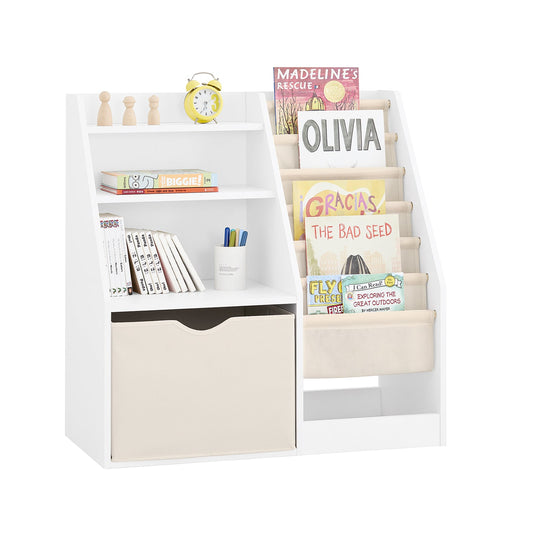 SoBuy KMB119-W Bibliothèque Montessori pour enfants 3 niveaux avec rangement et paniers en tissu, blanc, 80 x 40 x 80 cm