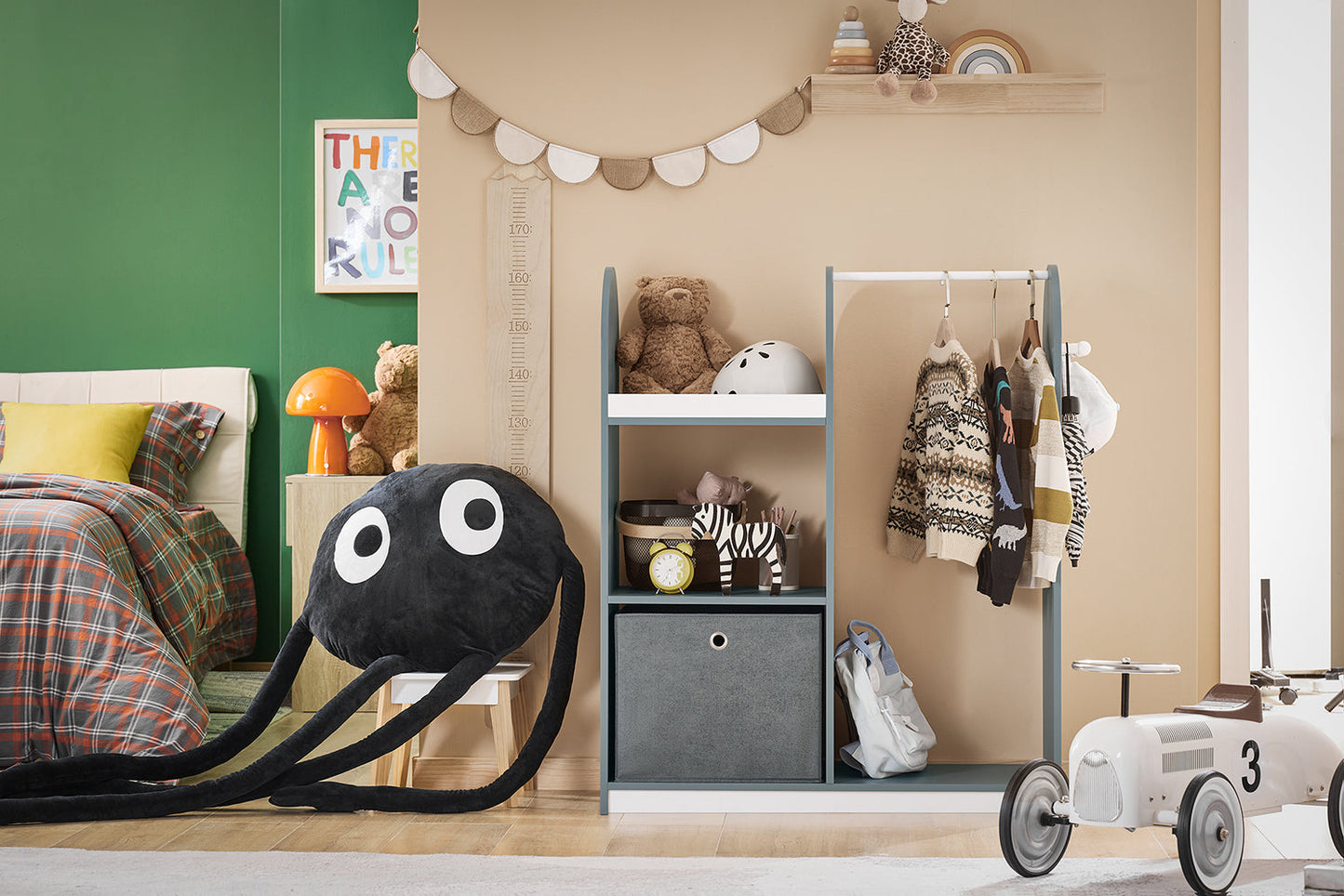 SoBuy KMB40-HG Armoire pour enfants 97x35x108 cm Gris - Porte-manteau pour enfants avec 3 crochets, étagères de rangement et panier