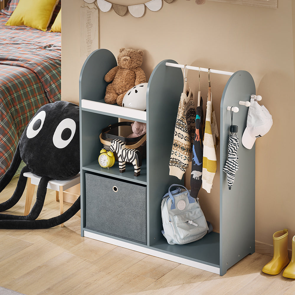SoBuy KMB40-HG Armoire pour enfants 97x35x108 cm Gris - Porte-manteau pour enfants avec 3 crochets, étagères de rangement et panier