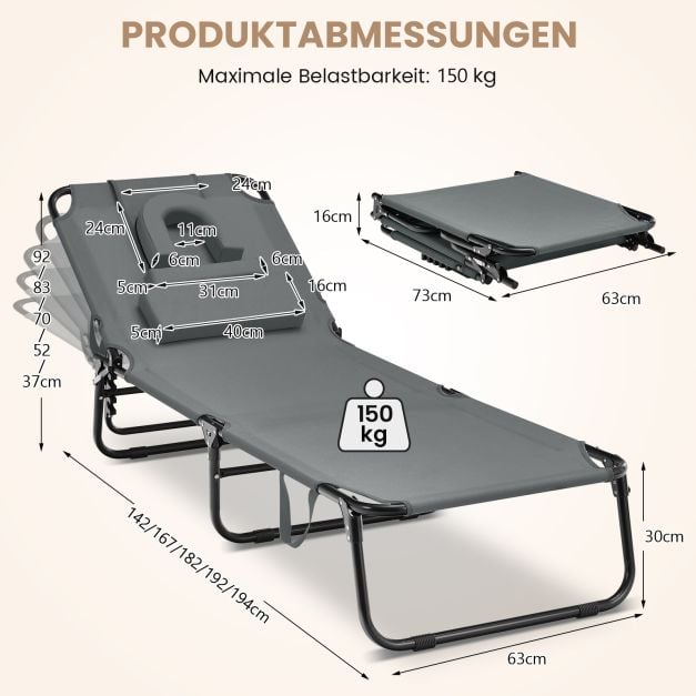 Chaise longue pliable Coast - réglable en 5 positions avec ouverture faciale et 3 coussins - Gris