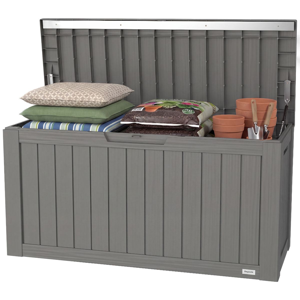 Boîte de rangement LifeGoods - Coussin Box S Storage Box - 117.5 x 47.5 x 59 cm - Capacité 300L et Deluxe Gas Spring and Reinforced Frame - Pour le jardin et la terrasse - Plastique gris