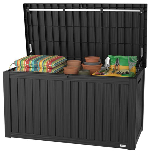 Boîte de rangement XXL LifeGoods - Cushion Box L - Plastique - 570L - Ressort à gaz - Résistant aux intempéries - Gris foncé