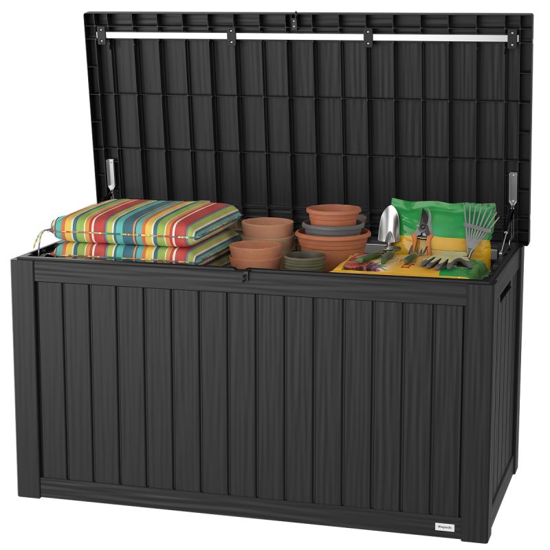 Boîte de rangement XXL LifeGoods - Cushion Box L - Plastique - 570L - Ressort à gaz - Résistant aux intempéries - Gris foncé