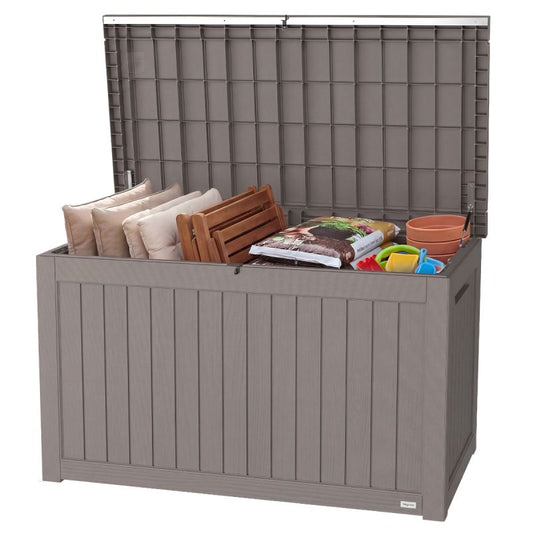 LifeGoods Boîte à coussins XL - 870L - Plastique aspect bois - Gris - Très grande taille