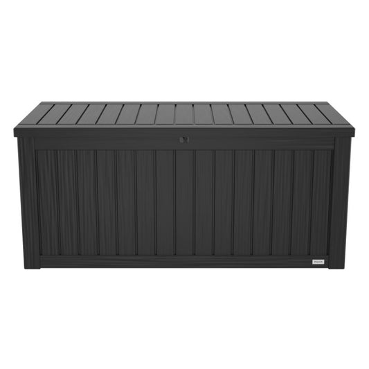 LifeGoods - Boîte de rangement Boîte à coussins M - 142 x 67 x 60 cm - Capacité de 450 litres - Ressort à gaz de luxe et poignées intégrées - Pour set de salon et outils de jardin - Plastique noir