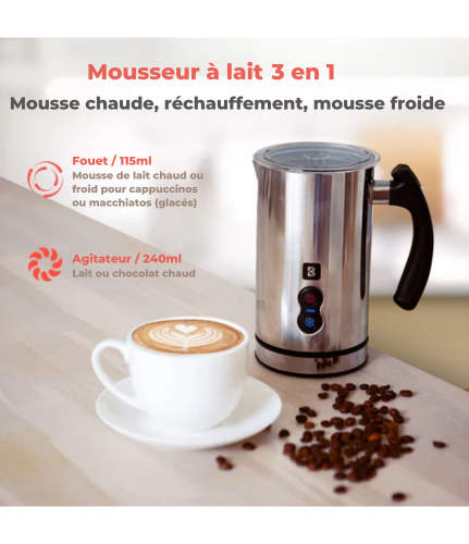 Mousseur à lait électrique - KitchenBrothers - 240 ML - Acier inoxydable - Noir