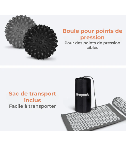 Tapis d'acupression avec coussin - LifeGoods - Tapis Shakti - 66x40x2cm - Gris/Blanc