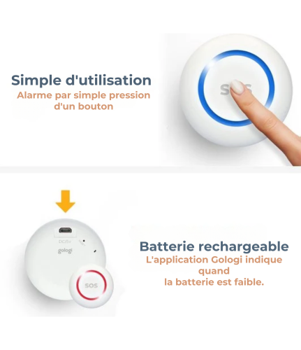 Alarme personnelle - Gologi Slim - Bouton d'alarme sans fil - Bouton d'urgence - Personnes âgées - WIFI - Notification à distance via l'application
