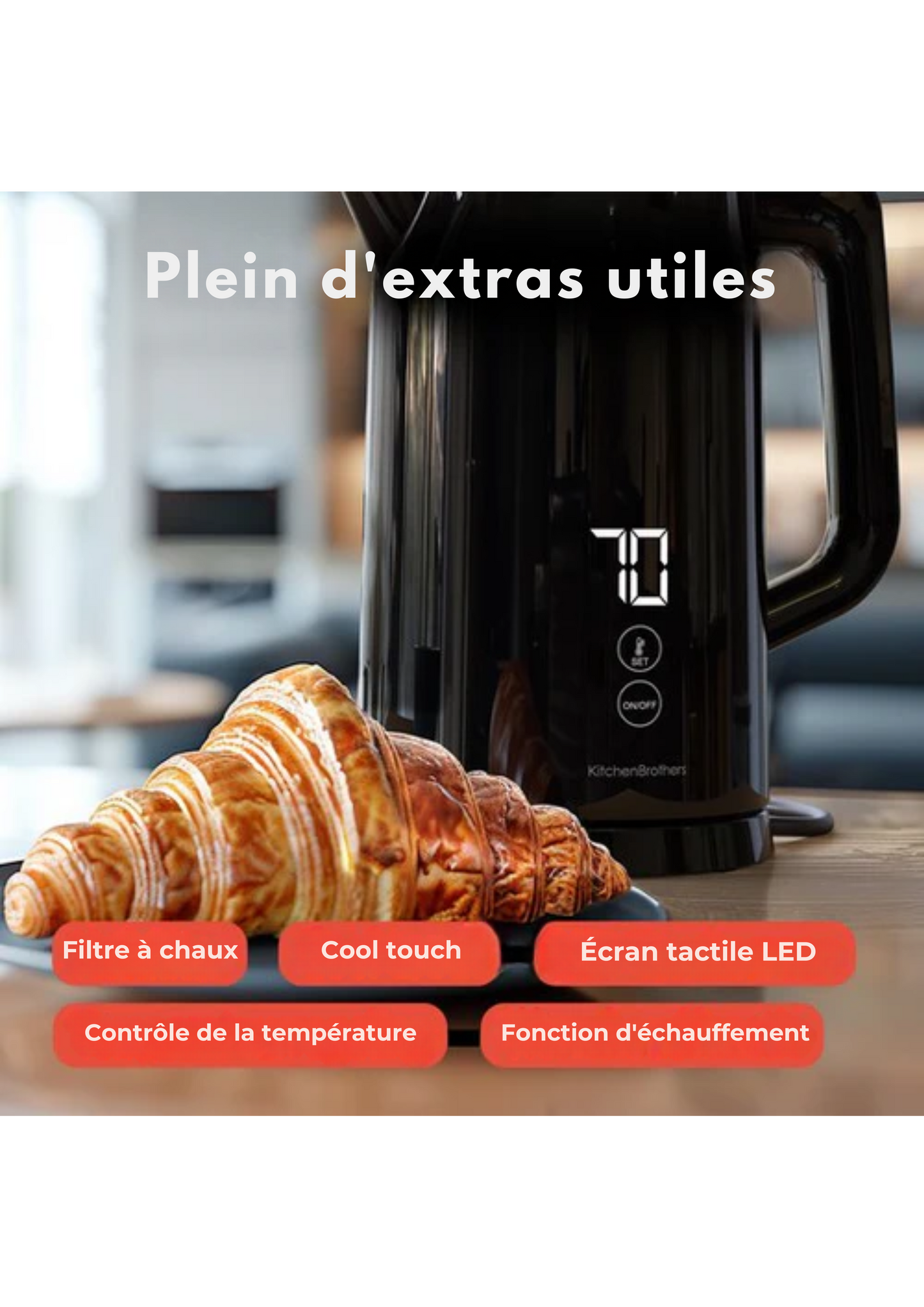 Bouilloire - KitchenBrothers - Électrique - Filtre à calcaire - Fonction maintien au chaud - 1,7L - 2200W - Noir