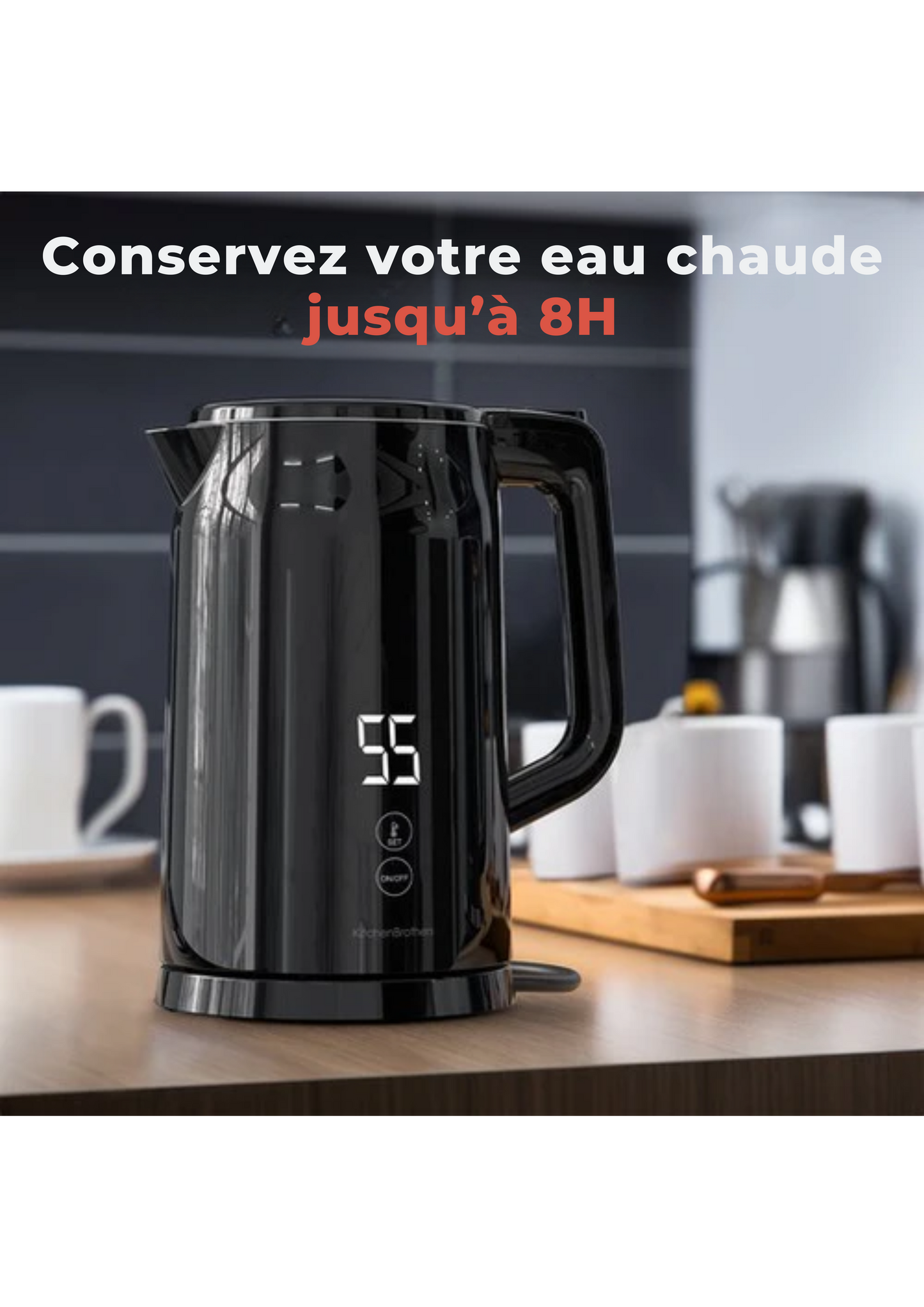 Bouilloire - KitchenBrothers - Électrique - Filtre à calcaire - Fonction maintien au chaud - 1,7L - 2200W - Noir