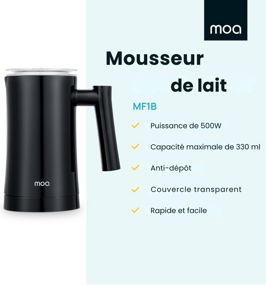 Mousseur à lait électrique MF1B - MOA - Cappuccino, Latte, cortado - 3-en-1 - Noir - Sans BPA