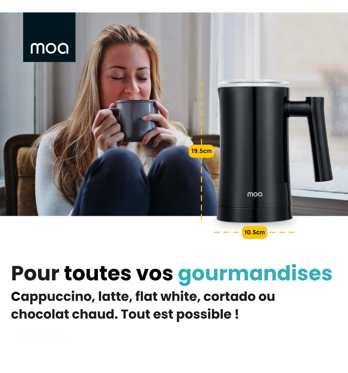 Mousseur à lait électrique MF1B - MOA - Cappuccino, Latte, cortado - 3-en-1 - Noir - Sans BPA