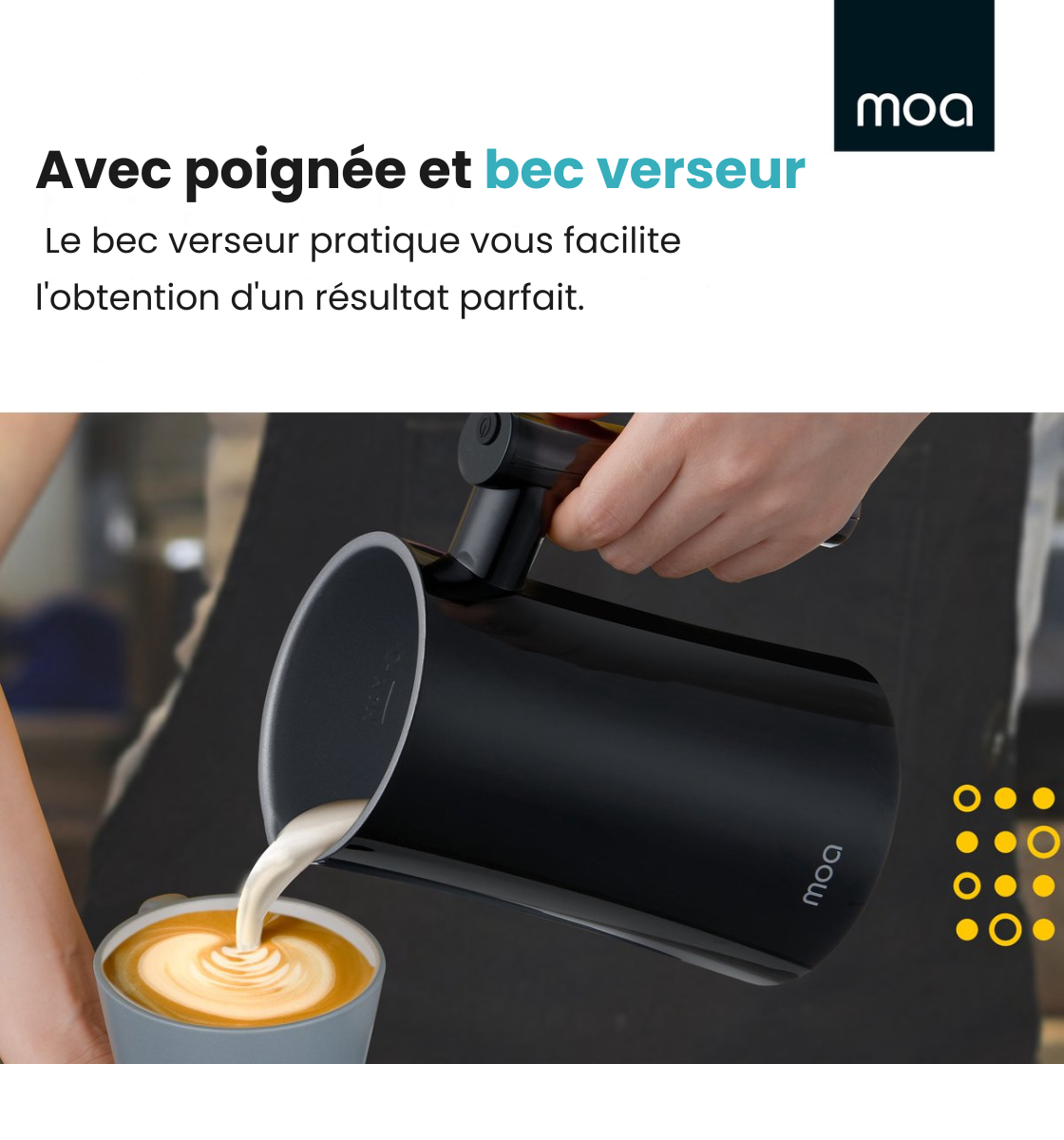 Mousseur à lait électrique MF1B - MOA - Cappuccino, Latte, cortado - 3-en-1 - Noir - Sans BPA