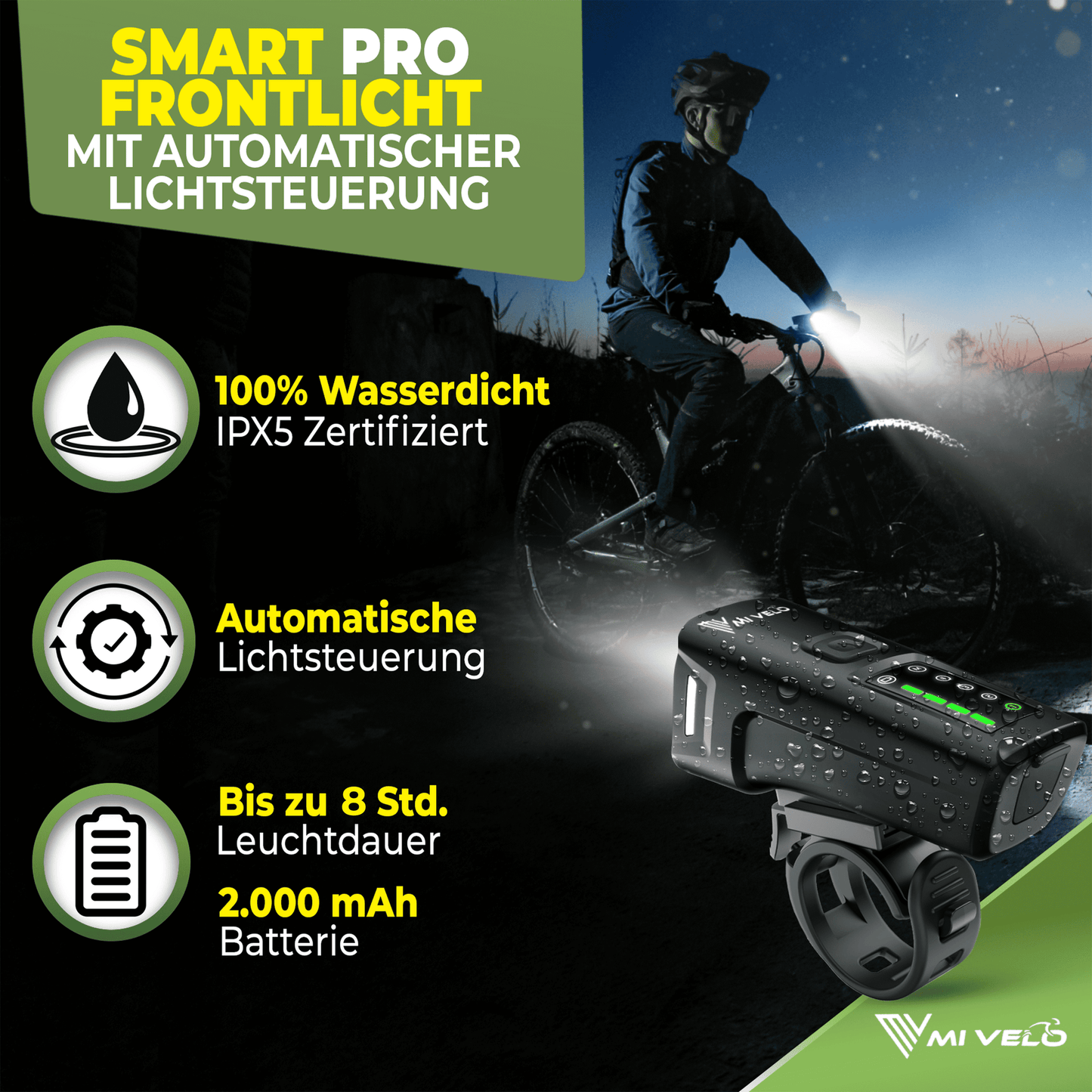 Kit d'éclairage vélo Mivelo LED "SMART PRO" avec fonction de freinage & recharge USB