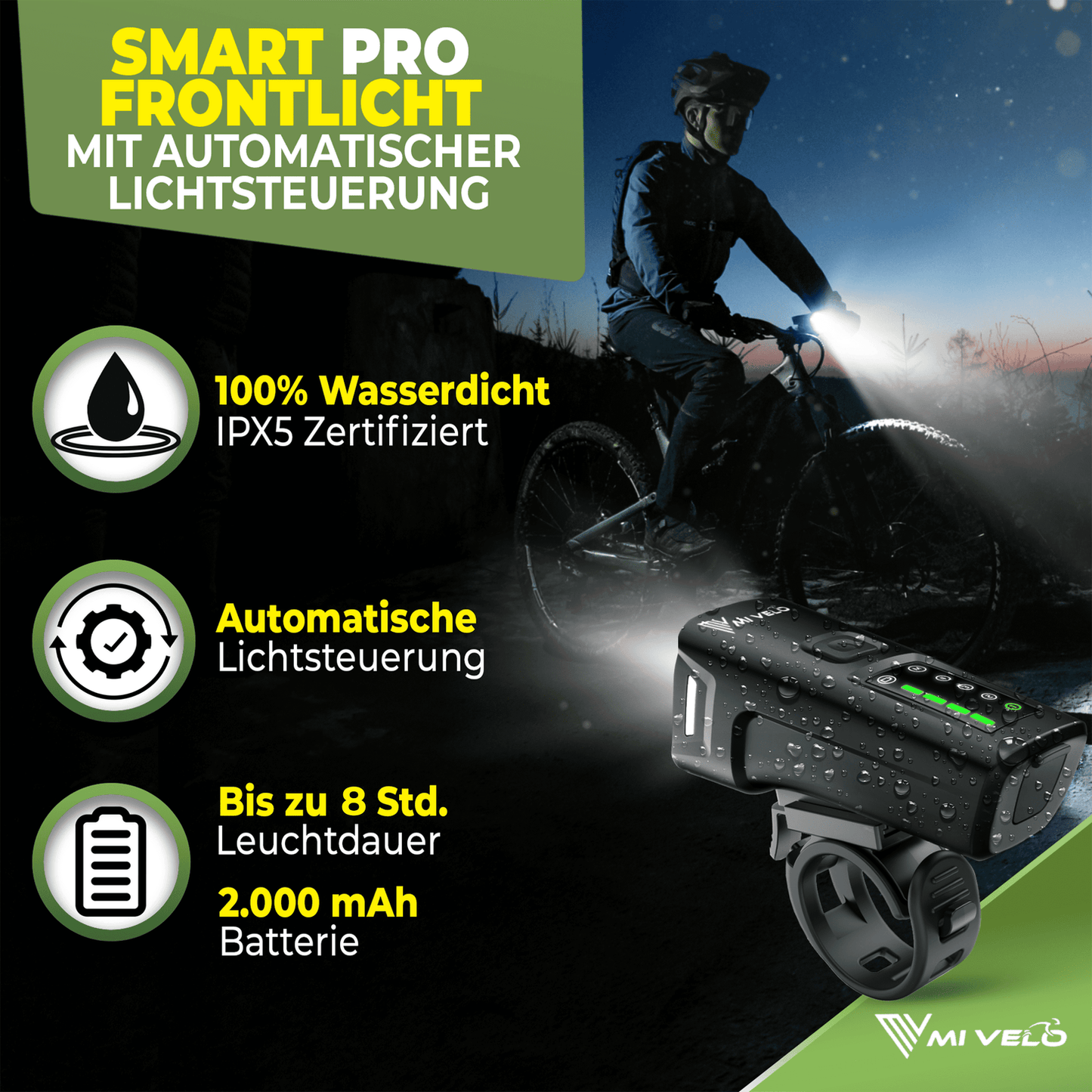 Mivelo Bicycle Light Set - StVZO approved - USB rechargeable - 100% waterproof - LED front and rear light - With brake light function (SMART PRO)
