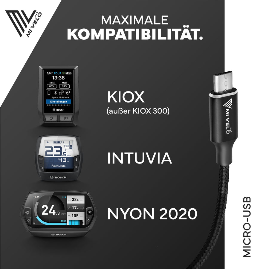 MiVelo Câble de charge - Pour Bosch Intuvia, Kiox & Nyon (ancien) - USB-C - 35 cm - Noir