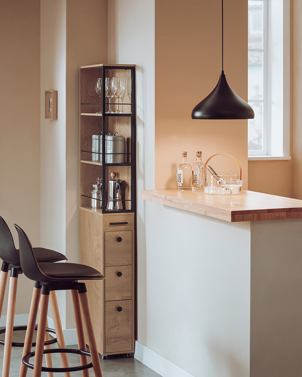 SoBuy NSR13-N Armoire de cuisine étroite sur roulettes - 40x20x170 cm - Couleur bois et métal noir