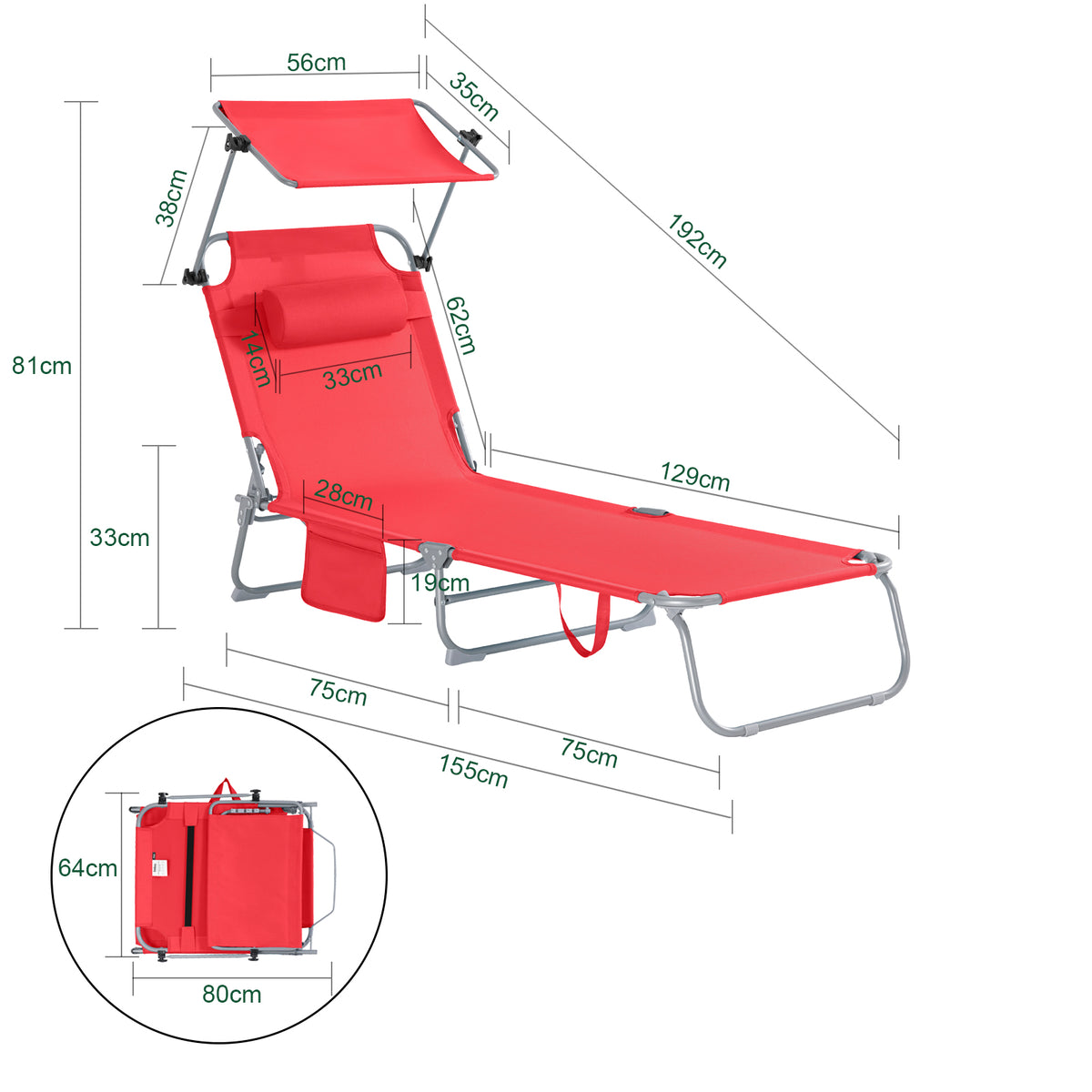 SoBuy Lounger Red - Chaise longue de jardin pliable avec auvent réglable et 4 positions de repos - 86 x 40 cm repliée