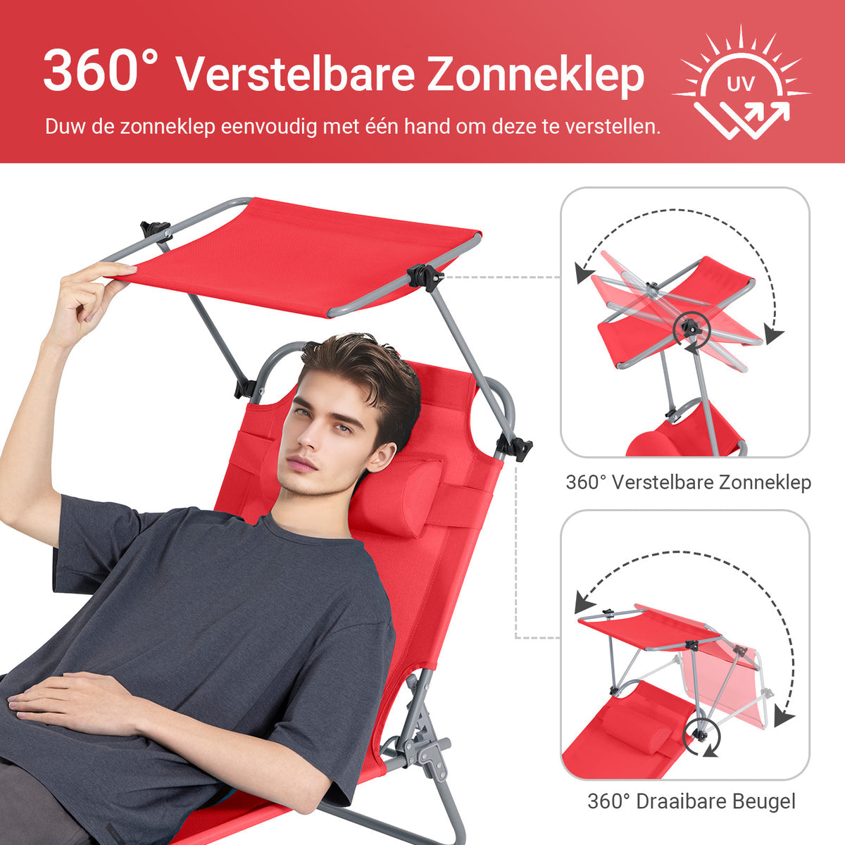SoBuy Lounger Red - Chaise longue de jardin pliable avec auvent réglable et 4 positions de repos - 86 x 40 cm repliée