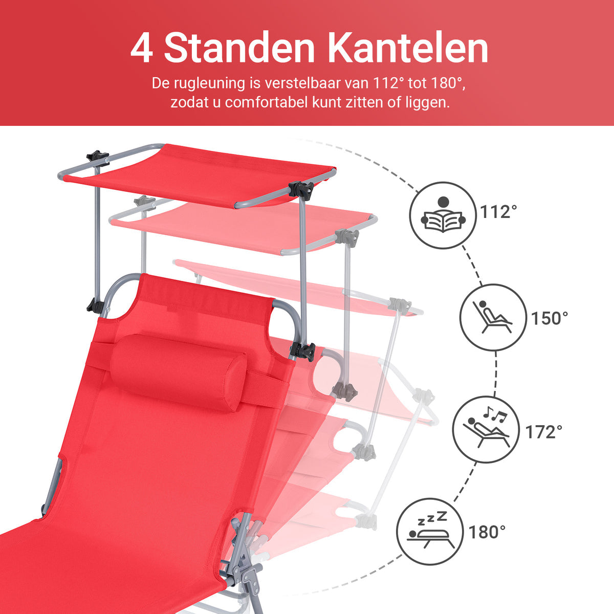SoBuy Lounger Red - Chaise longue de jardin pliable avec auvent réglable et 4 positions de repos - 86 x 40 cm repliée