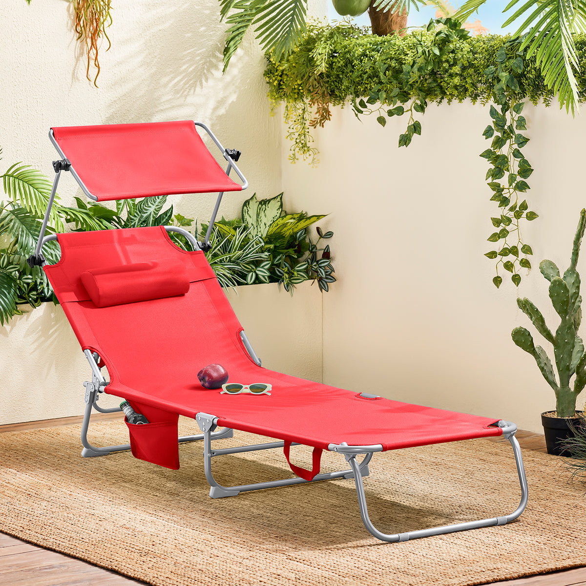 SoBuy Lounger Red - Chaise longue de jardin pliable avec auvent réglable et 4 positions de repos - 86 x 40 cm repliée