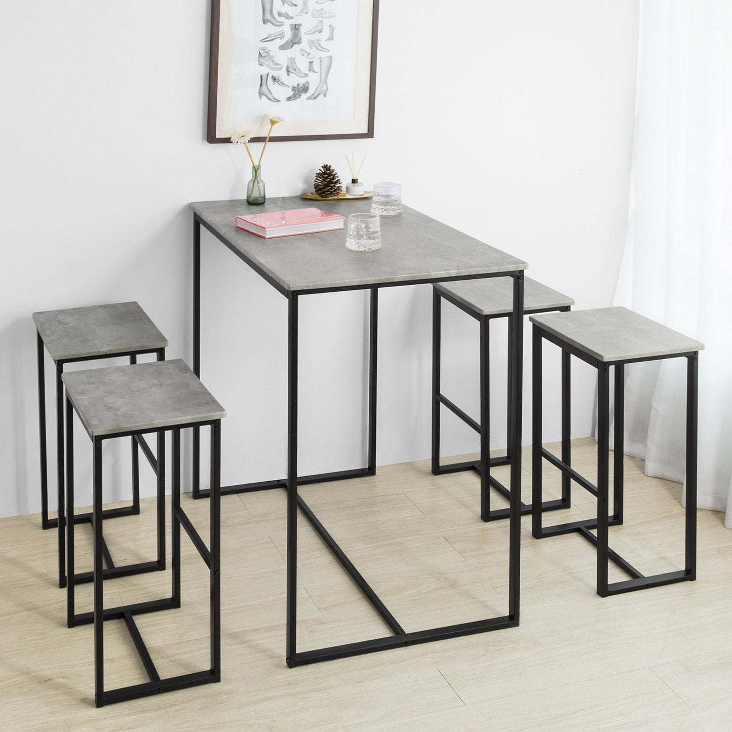 SoBuy Ensemble de table à manger 5 pièces OGT15-HG - 1 table 4 tabourets de bar - 100 x 60 x 96 cm - Gris et noir