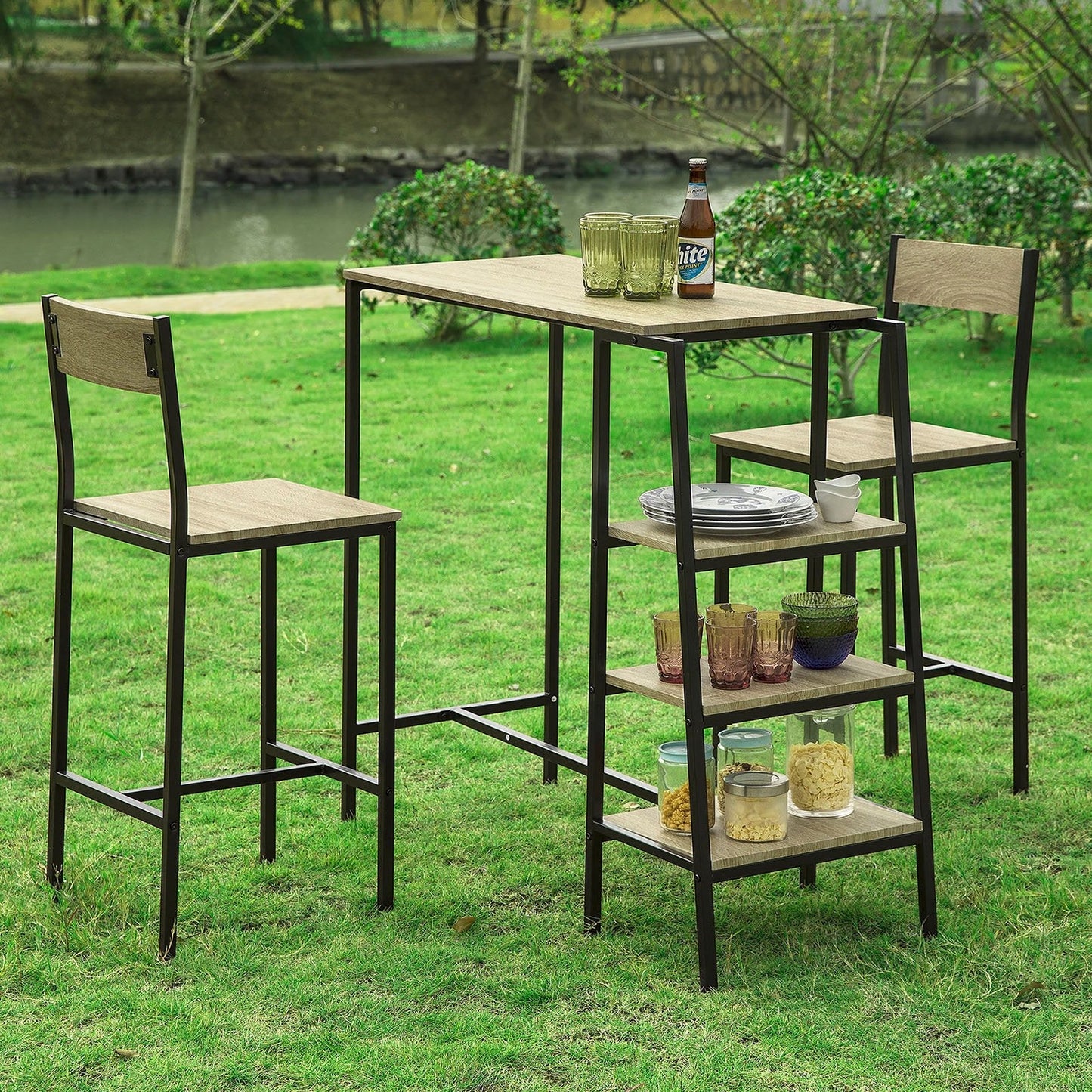 SoBuy Table de bar - OGT16-N - Ensemble 3 pièces - 110 x 100 x 45 cm