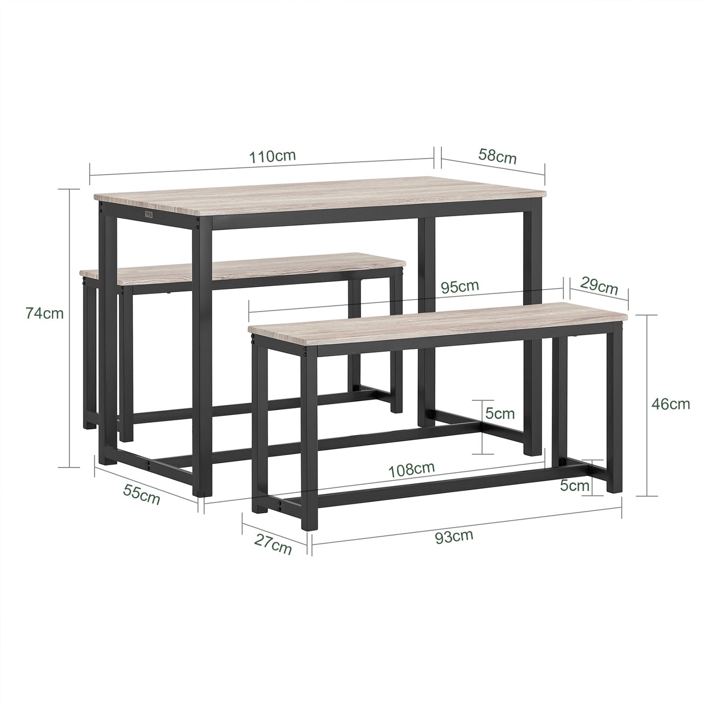 SoBuy 3-Piece Dining Table Set OGT25-HN - 2 Benches 1 Dining Table - MDF with Metal Legs - 110 x 74 x 58 cm - Natural/Black
