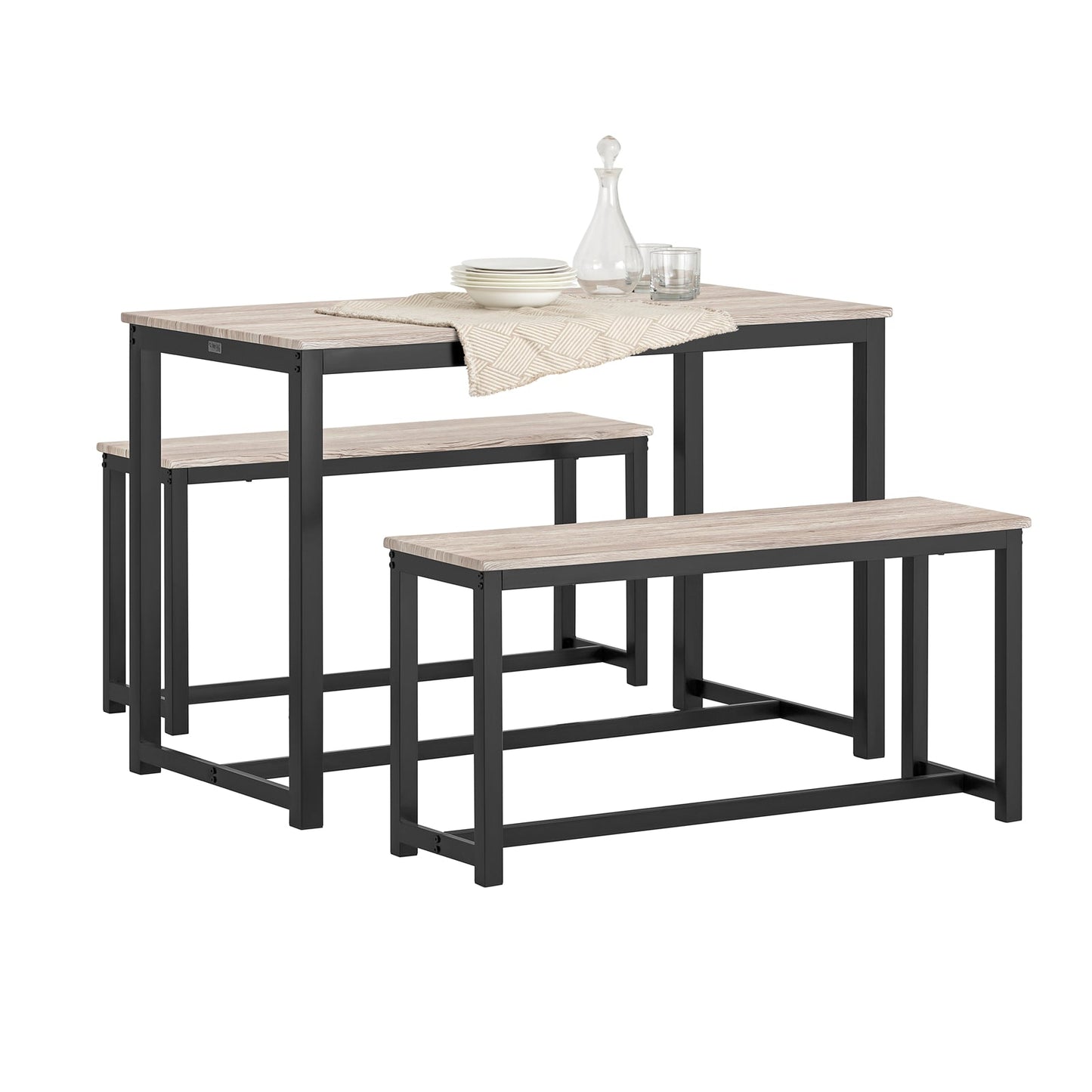 SoBuy 3-Piece Dining Table Set OGT25-HN - 2 Benches 1 Dining Table - MDF with Metal Legs - 110 x 74 x 58 cm - Natural/Black