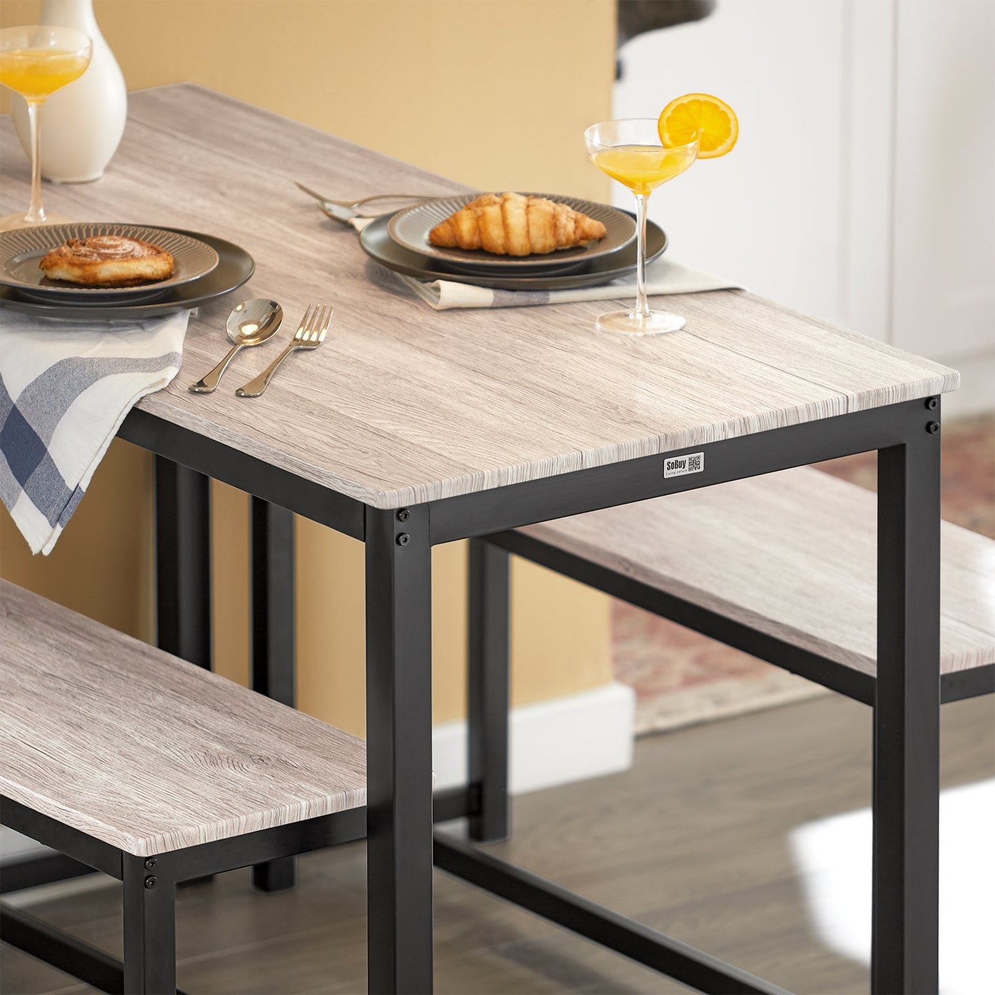 SoBuy 3-Piece Dining Table Set OGT25-HN - 2 Benches 1 Dining Table - MDF with Metal Legs - 110 x 74 x 58 cm - Natural/Black