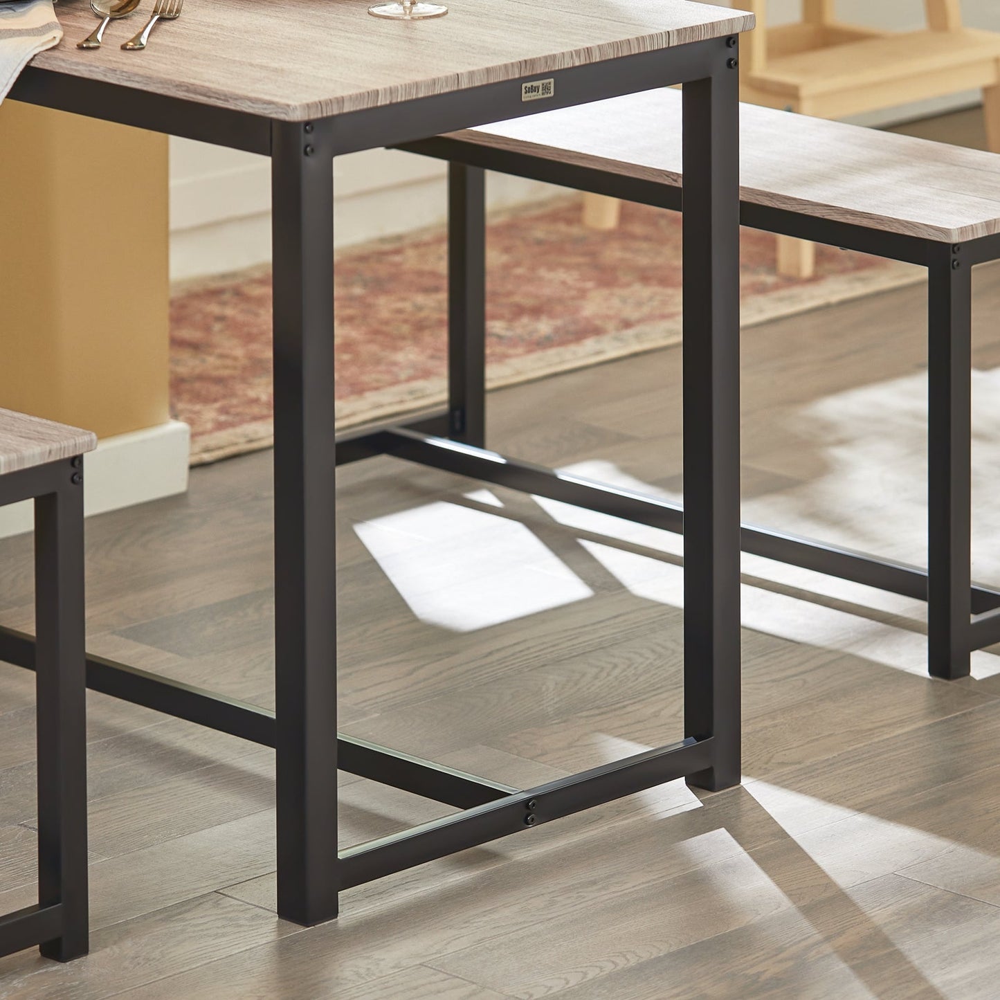 SoBuy 3-Piece Dining Table Set OGT25-HN - 2 Benches 1 Dining Table - MDF with Metal Legs - 110 x 74 x 58 cm - Natural/Black