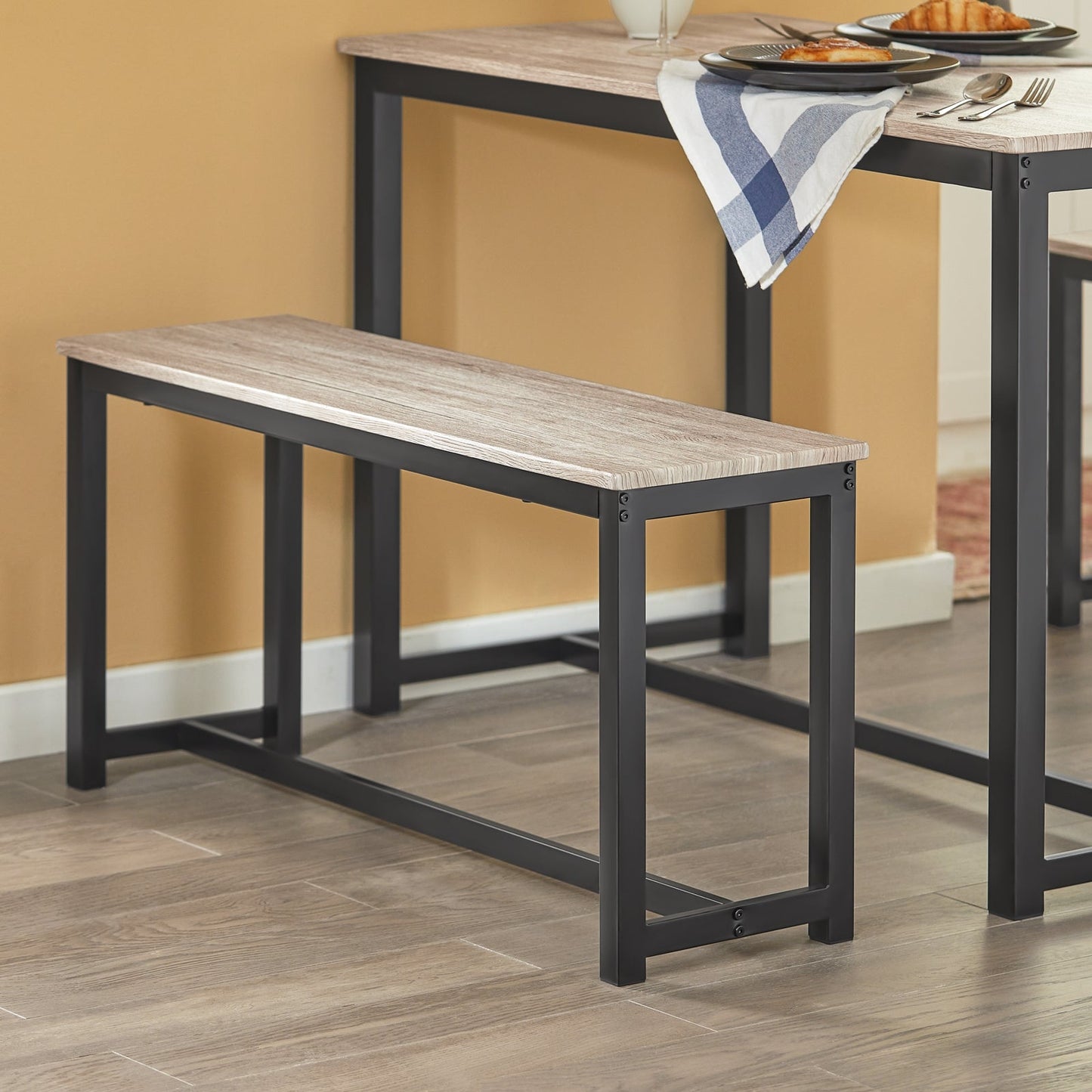 SoBuy 3-Piece Dining Table Set OGT25-HN - 2 Benches 1 Dining Table - MDF with Metal Legs - 110 x 74 x 58 cm - Natural/Black